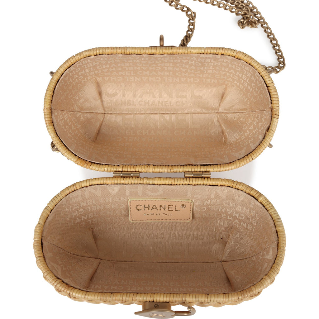 Chanel Vintage Small Heart Lock Basket Bag Natural Wicker Brushed Gold Hardware