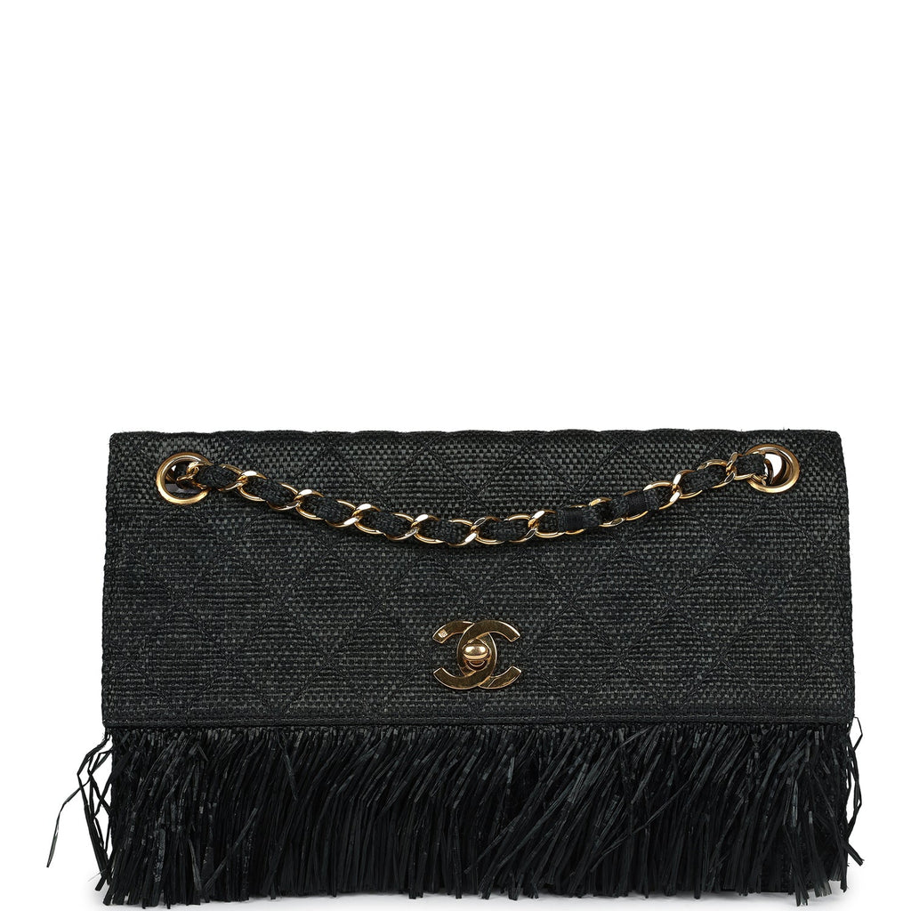 Chanel Vintage Quilted Fringe Single Flap Bag Black Raffia Gold Hardware