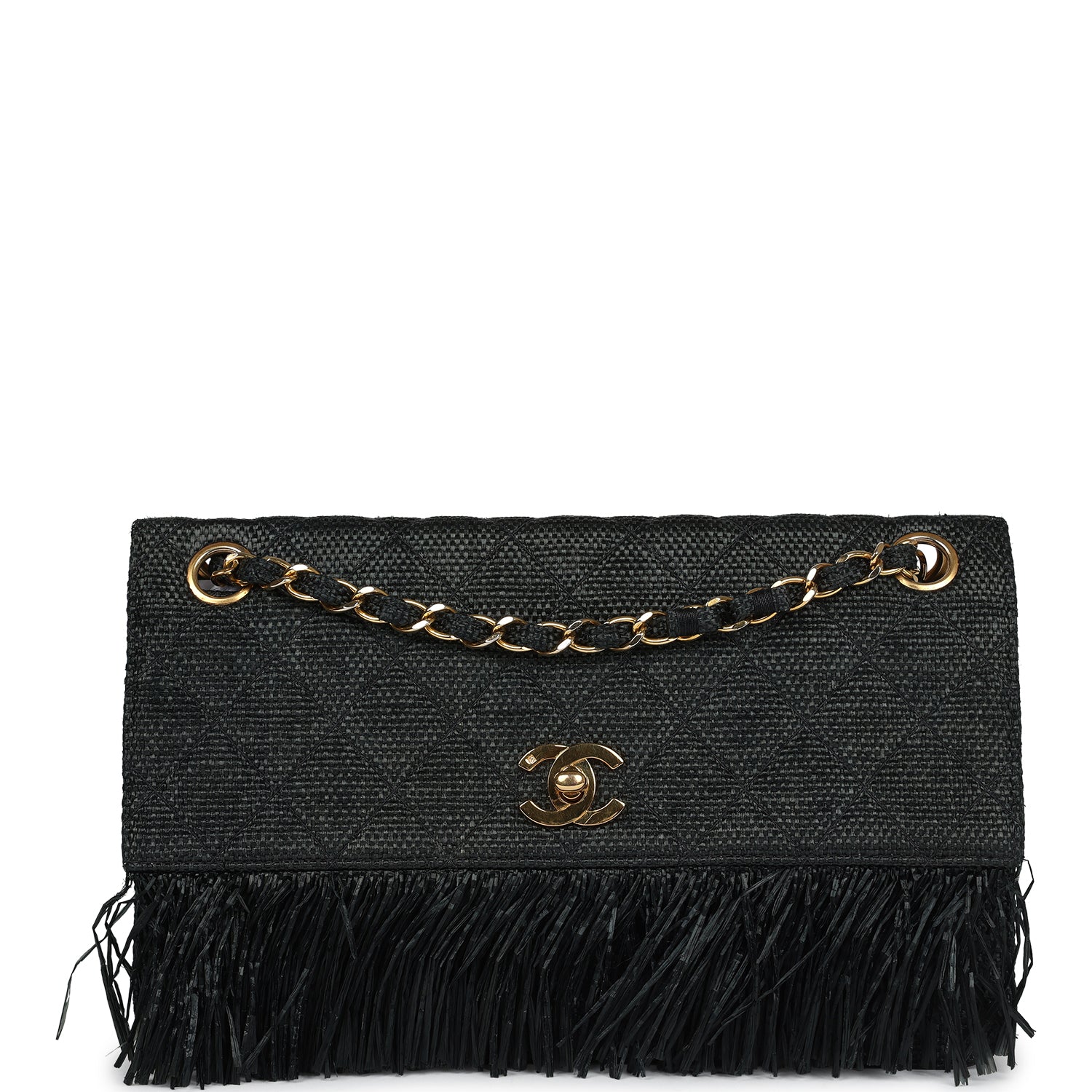 Chanel Vintage Quilted Fringe Single Flap Bag Black Raffia Gold Hardware