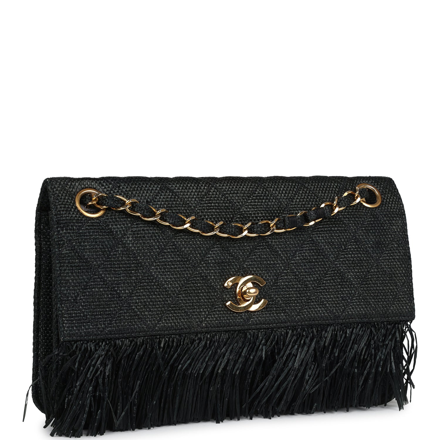 Chanel Vintage Quilted Fringe Single Flap Bag Black Raffia Gold Hardware