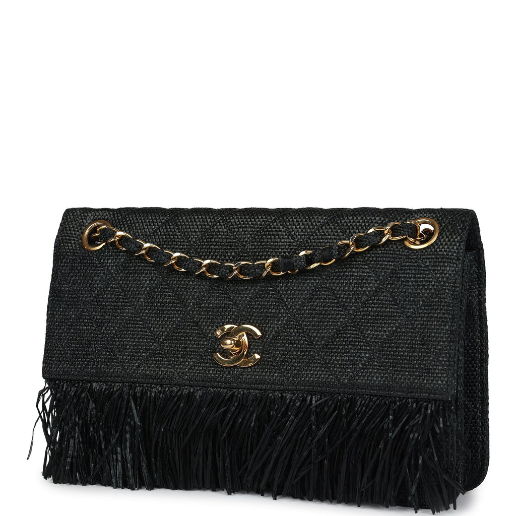 Chanel Vintage Quilted Fringe Single Flap Bag Black Raffia Gold Hardware