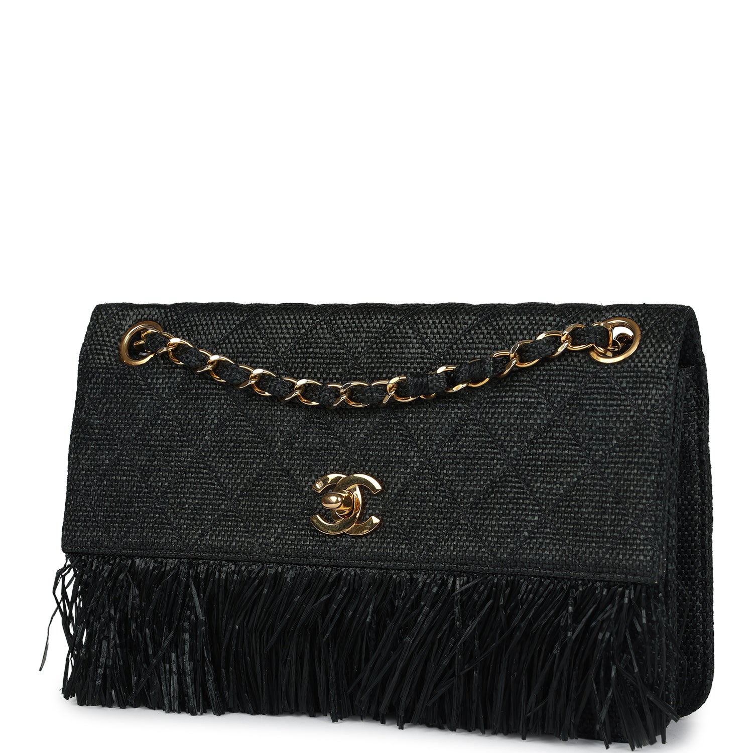 Chanel Vintage Quilted Fringe Single Flap Bag Black Raffia Gold Hardware