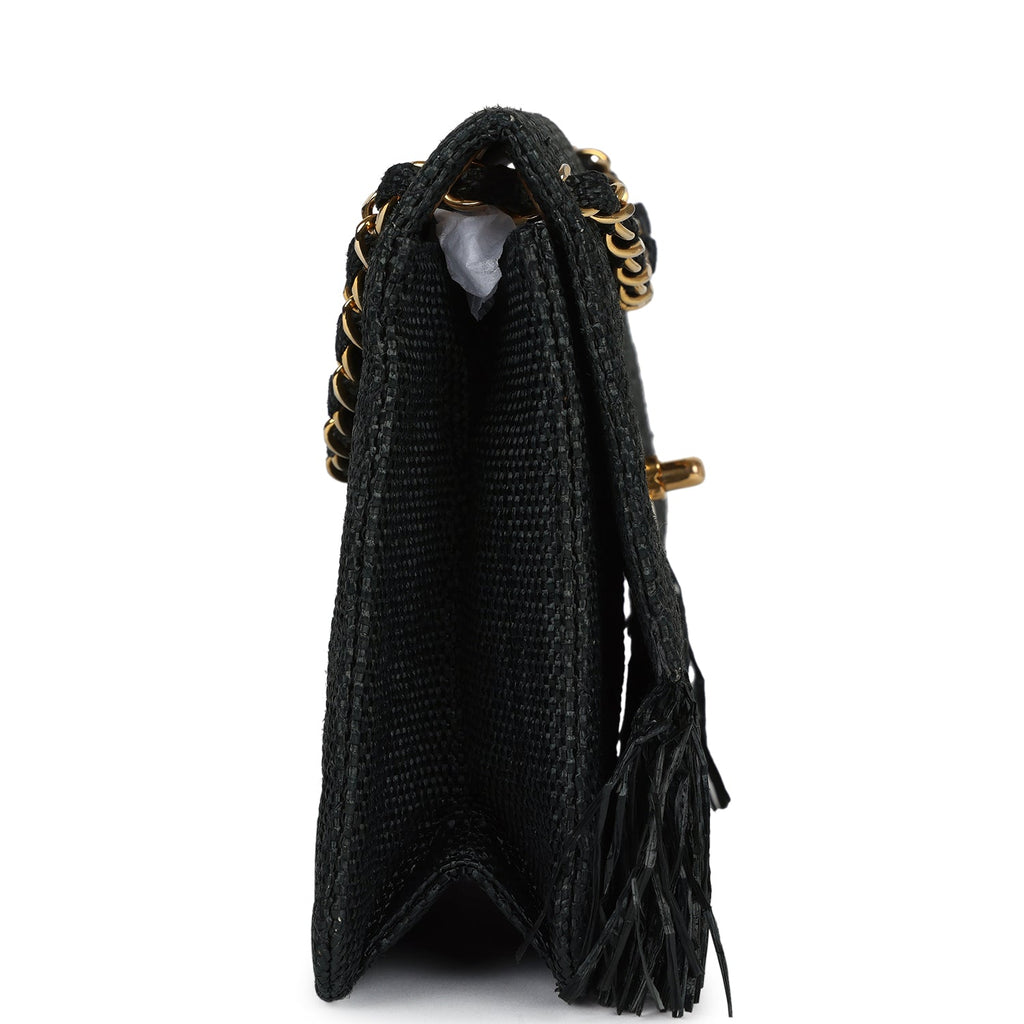 Chanel Vintage Quilted Fringe Single Flap Bag Black Raffia Gold Hardware