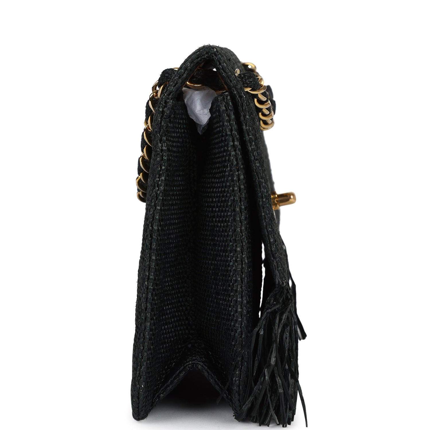 Chanel Vintage Quilted Fringe Single Flap Bag Black Raffia Gold Hardware