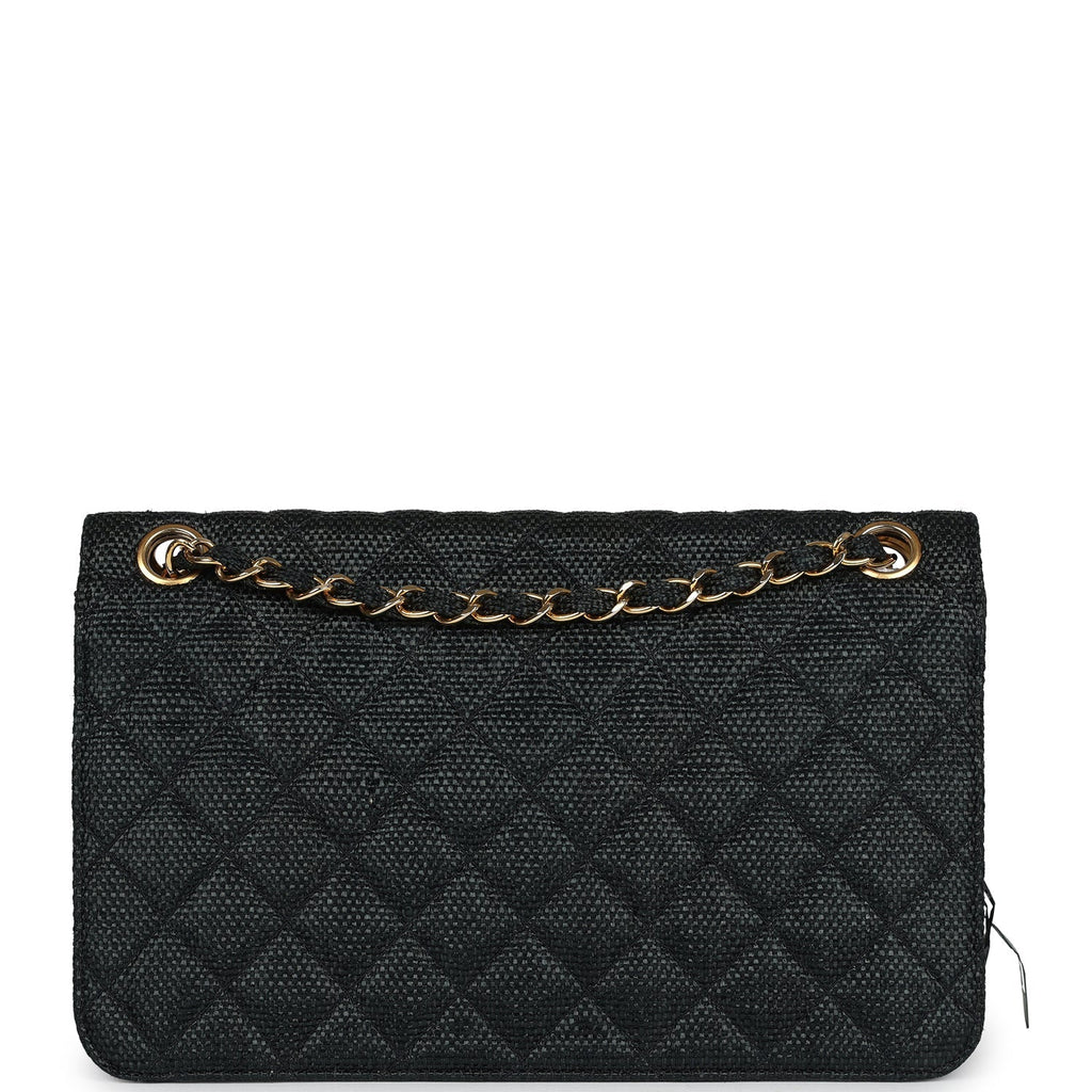 Chanel Vintage Quilted Fringe Single Flap Bag Black Raffia Gold Hardware