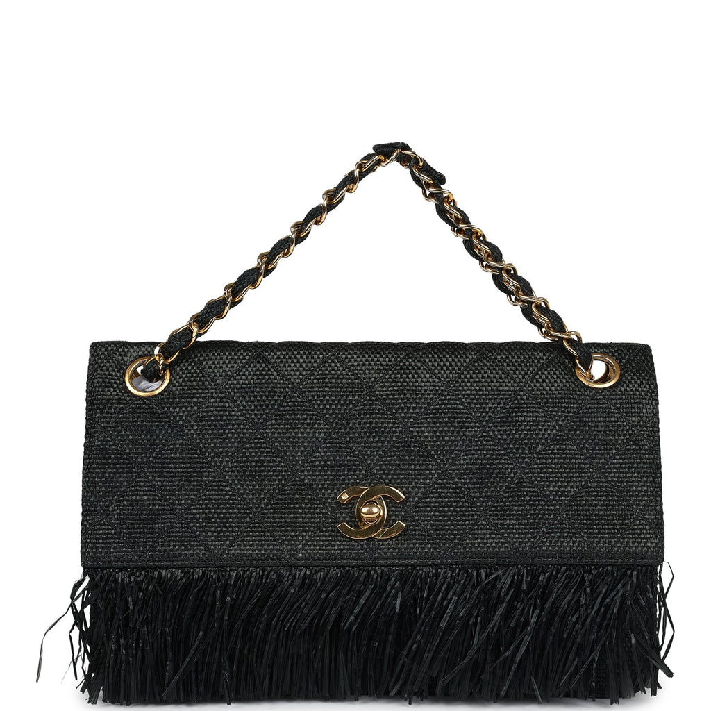 Chanel Vintage Quilted Fringe Single Flap Bag Black Raffia Gold Hardware