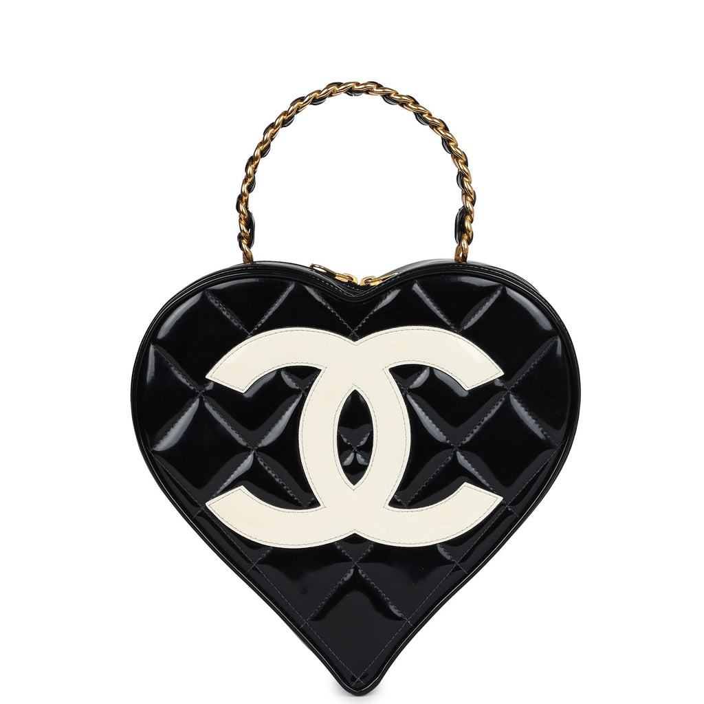Chanel Vintage Heart Vanity Bag Black and White Patent Antique Gold Hardware