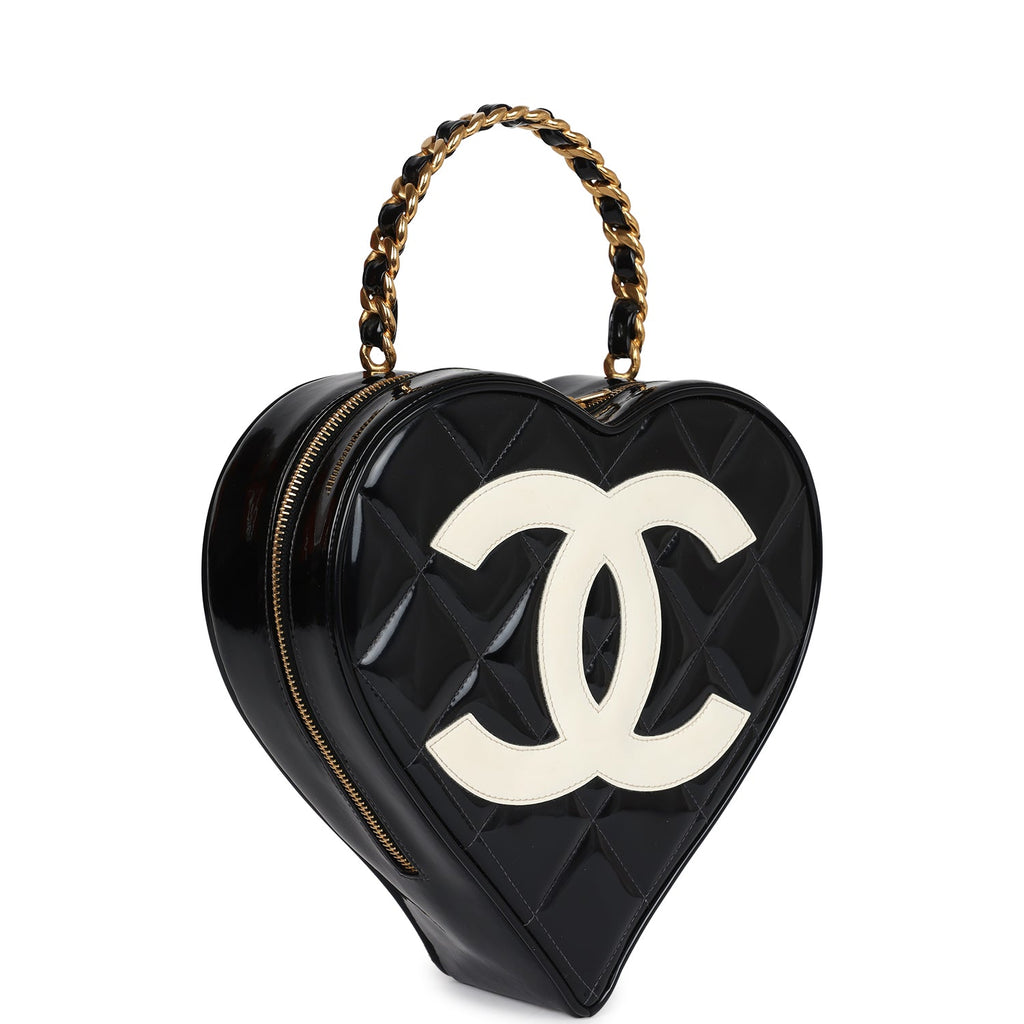 Chanel Vintage Heart Vanity Bag Black and White Patent Antique Gold Hardware