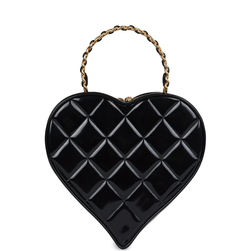 Chanel Vintage Heart Vanity Bag Black and White Patent Antique Gold Hardware