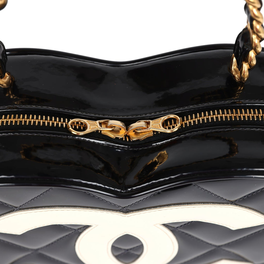 Chanel Vintage Heart Vanity Bag Black and White Patent Antique Gold Hardware