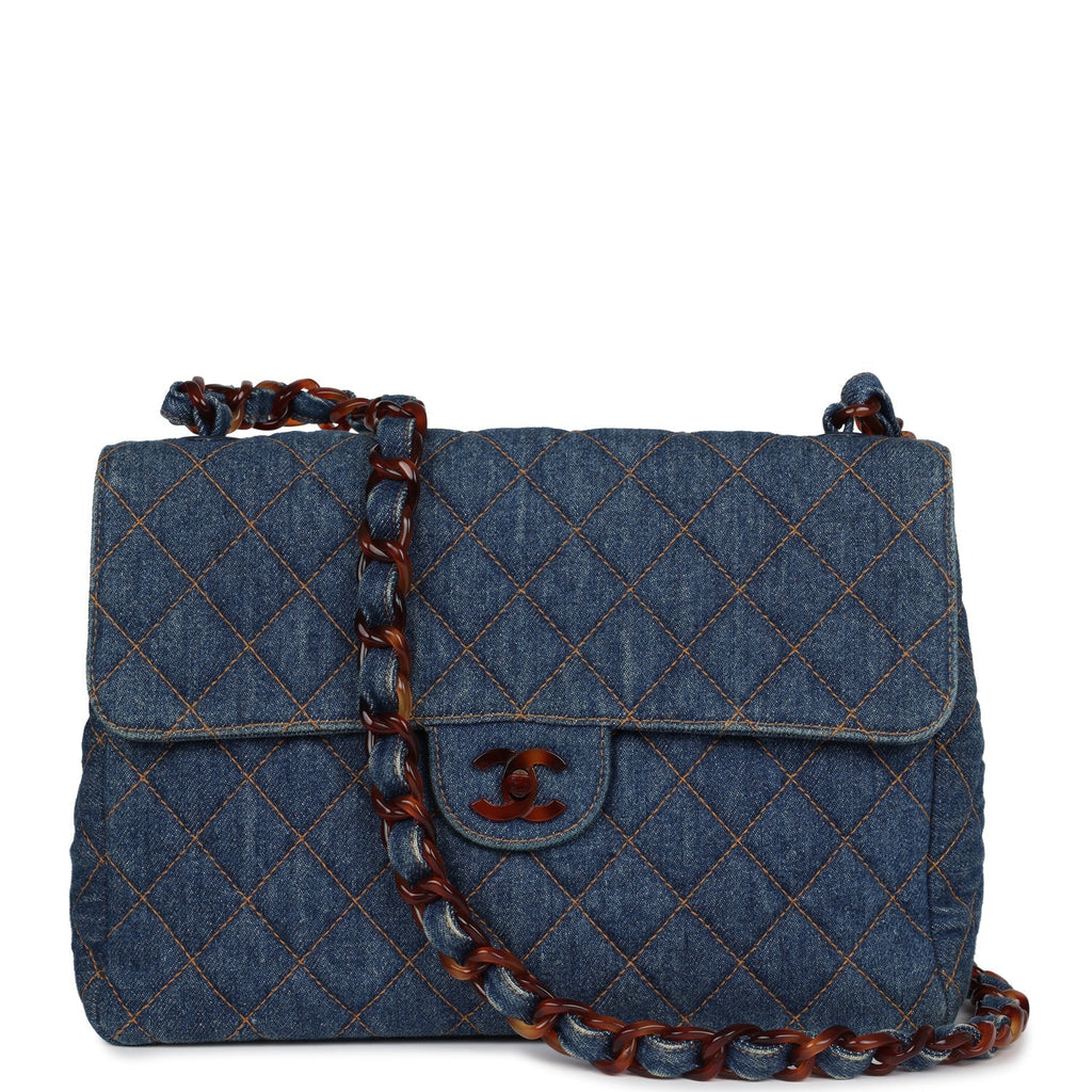 Chanel Vintage Jumbo Single Flap Bag Blue Denim Tortoiseshell Bakelite Hardware