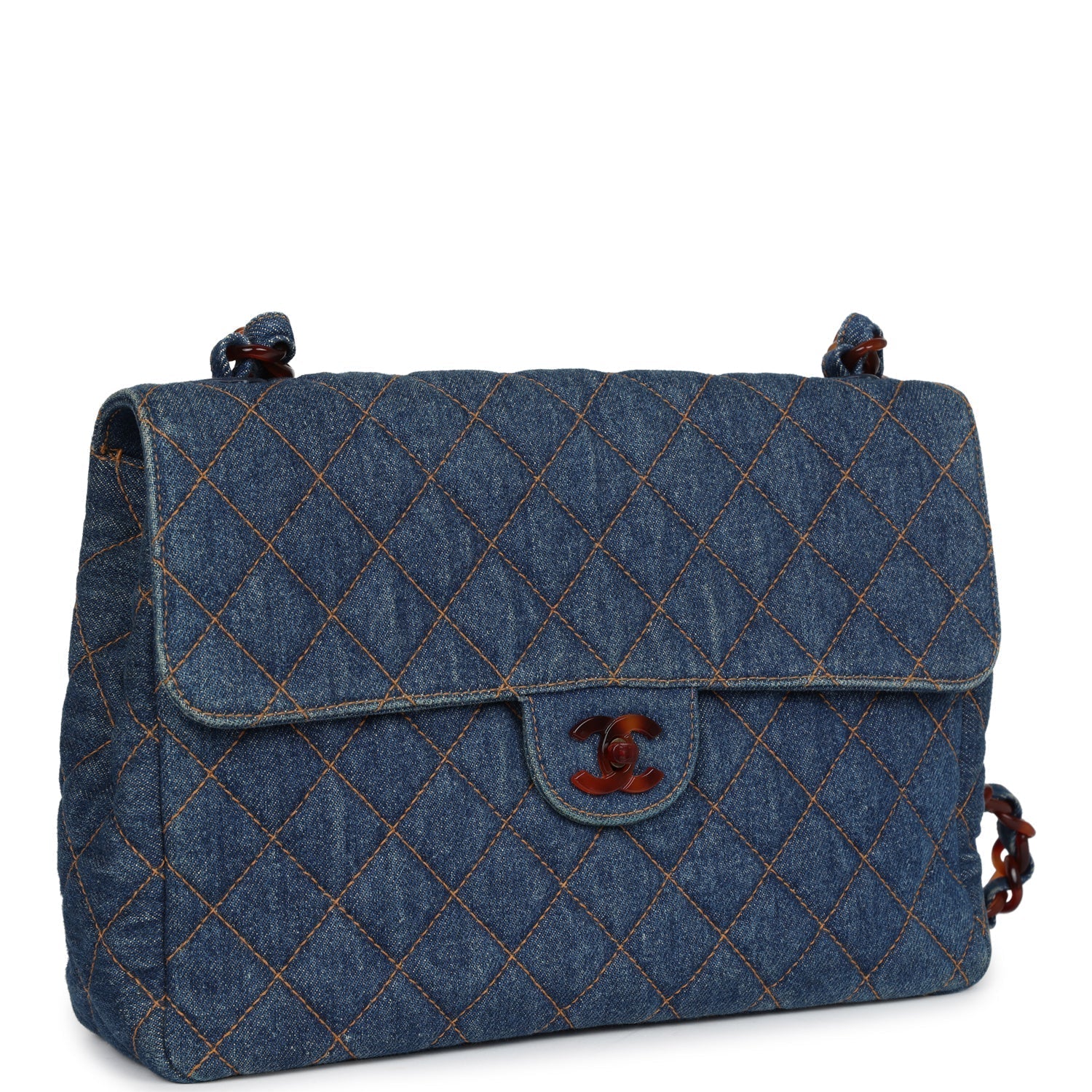 Chanel Vintage Jumbo Single Flap Bag Blue Denim Tortoiseshell Bakelite Hardware