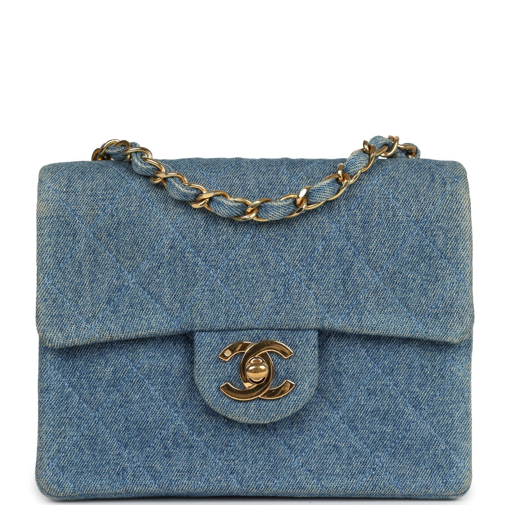 Chanel Vintage Mini Square Flap Bag Blue Denim Gold Hardware