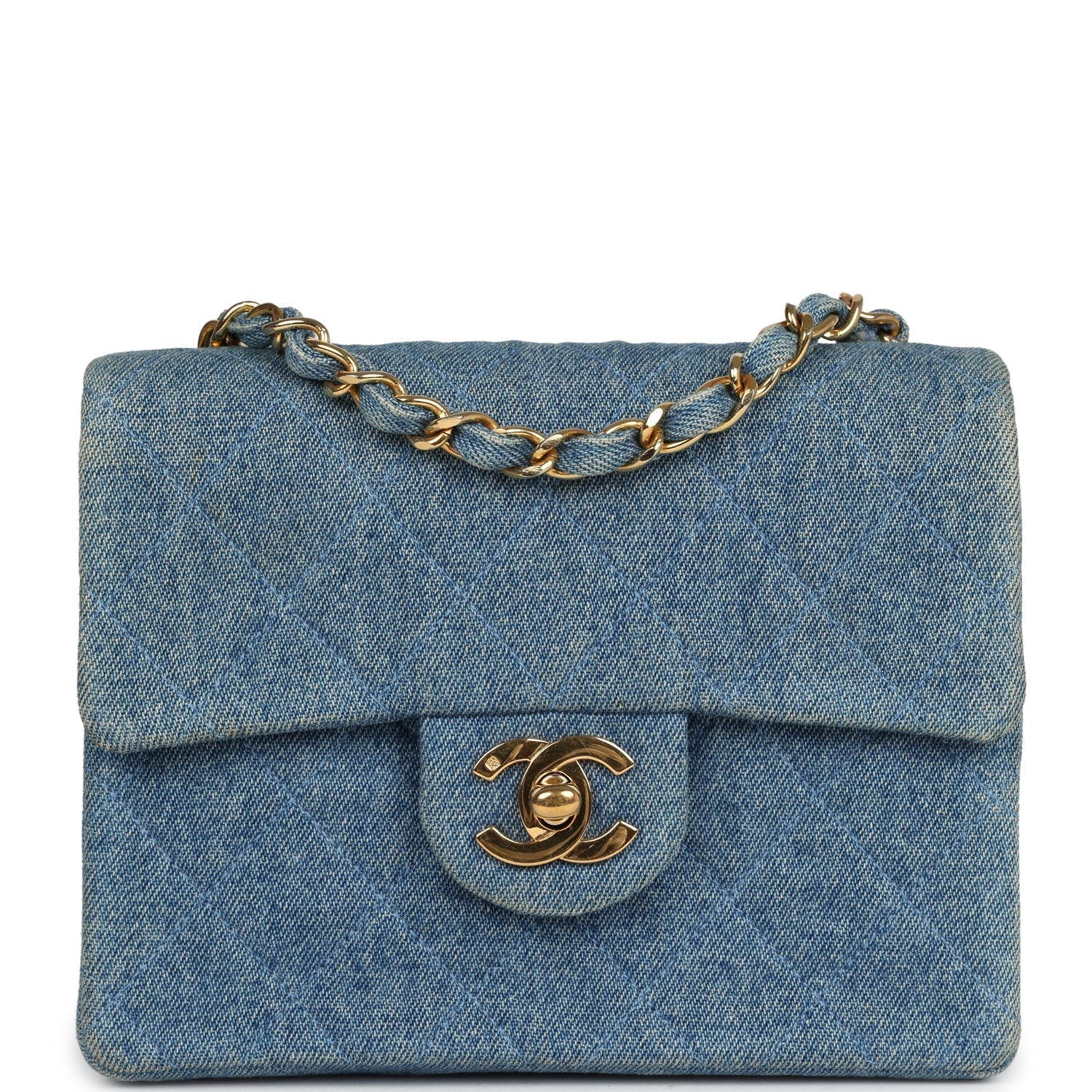 Chanel Vintage Mini Square Flap Bag Blue Denim Gold Hardware
