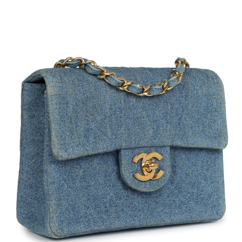 Chanel Vintage Mini Square Flap Bag Blue Denim Gold Hardware