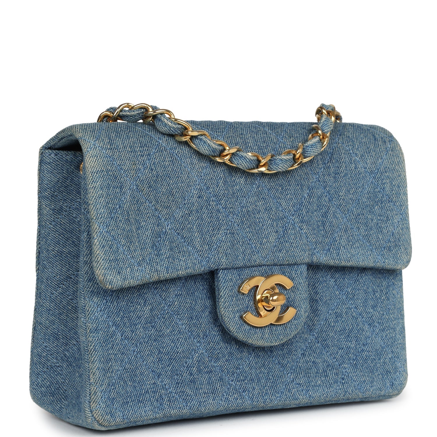 Chanel Vintage Mini Square Flap Bag Blue Denim Gold Hardware