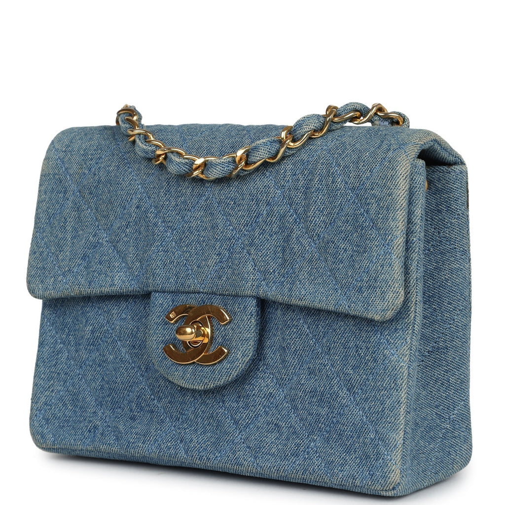 Chanel Vintage Mini Square Flap Bag Blue Denim Gold Hardware