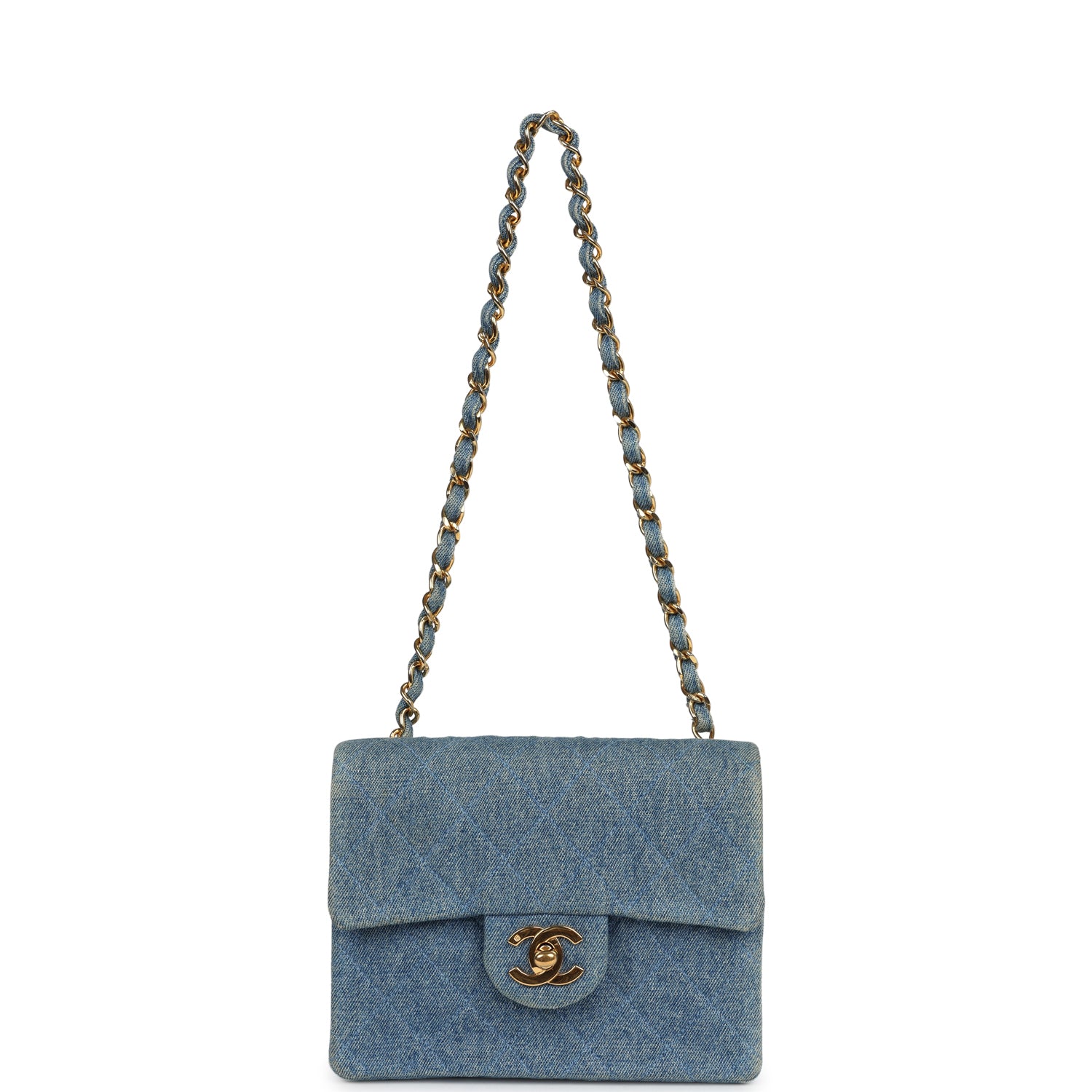 Chanel Vintage Mini Square Flap Bag Blue Denim Gold Hardware