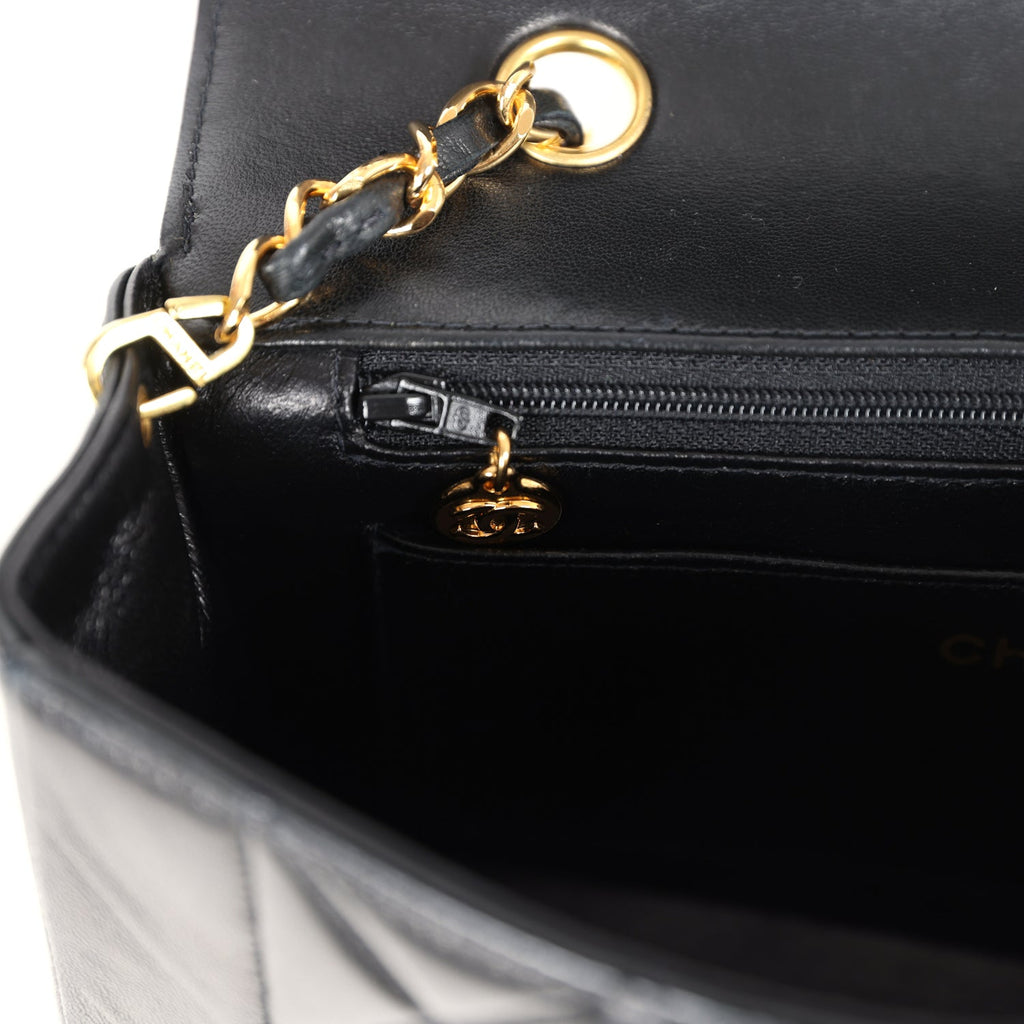 Chanel Vintage Small Diana Flap Bag Black Lambskin Gold Hardware