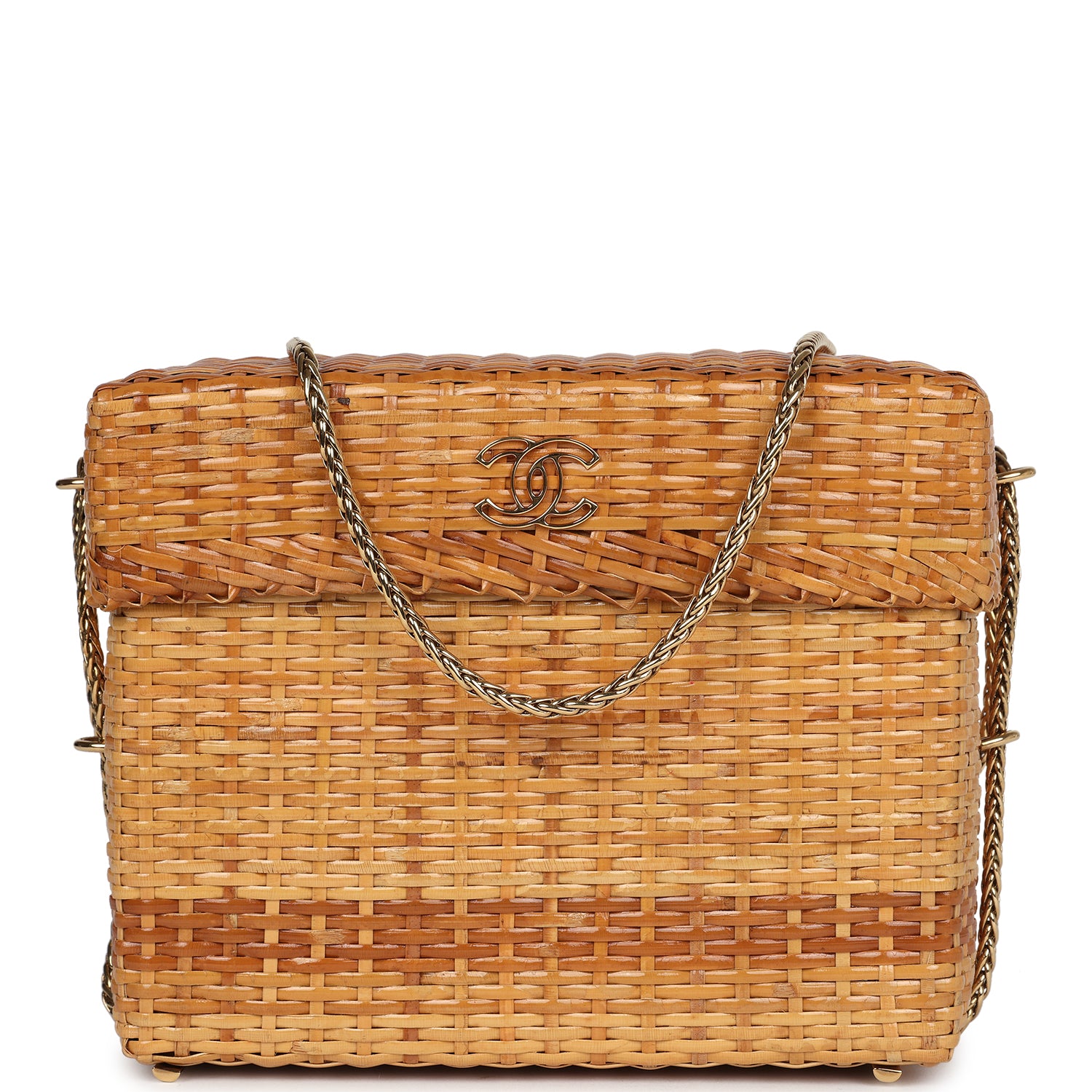 Chanel Vintage Small Picnic Basket Bag Natural Wicker Gold Hardware