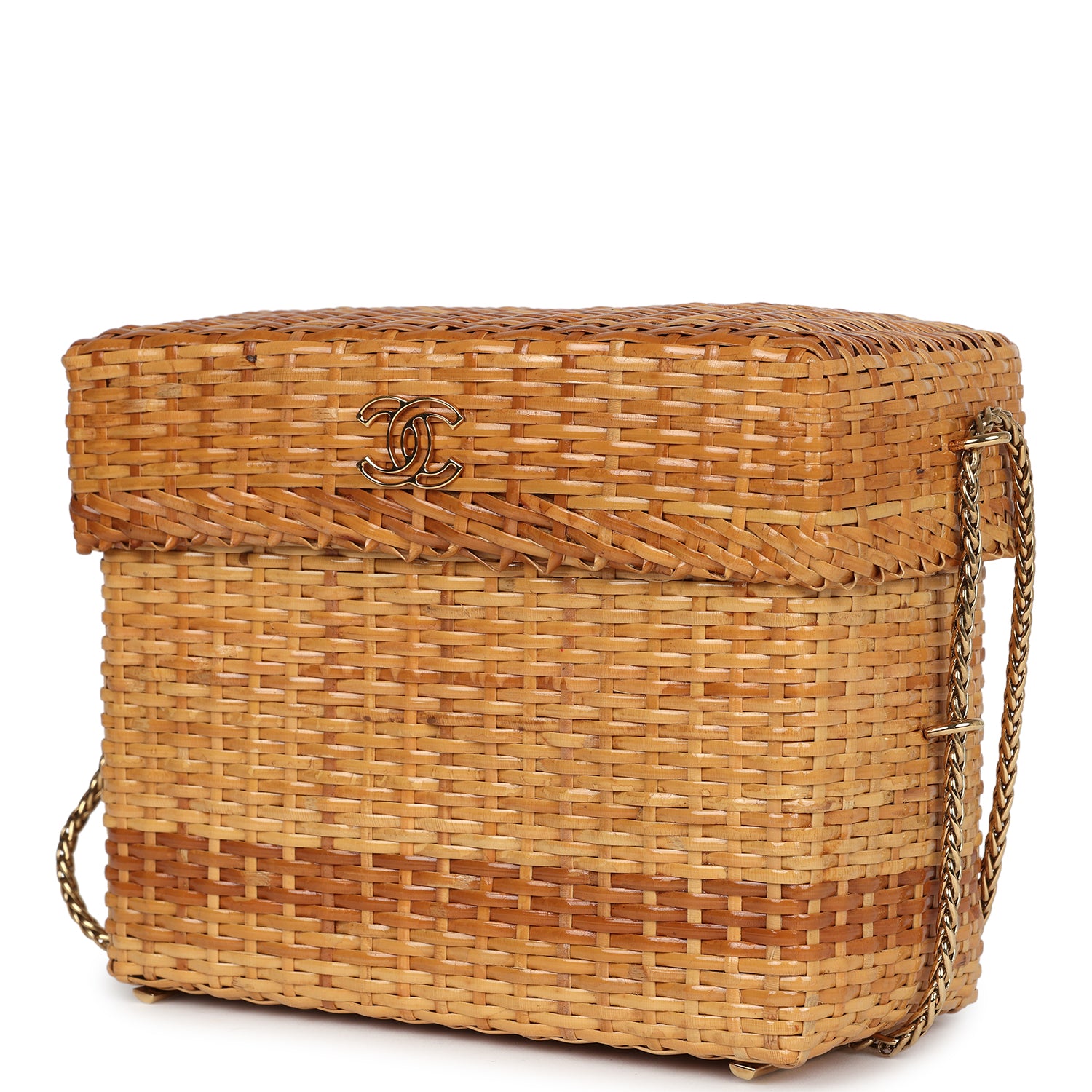 Chanel Vintage Small Picnic Basket Bag Natural Wicker Gold Hardware