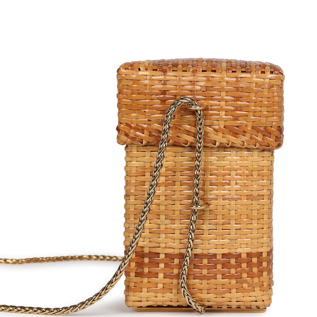 Chanel Vintage Small Picnic Basket Bag Natural Wicker Gold Hardware