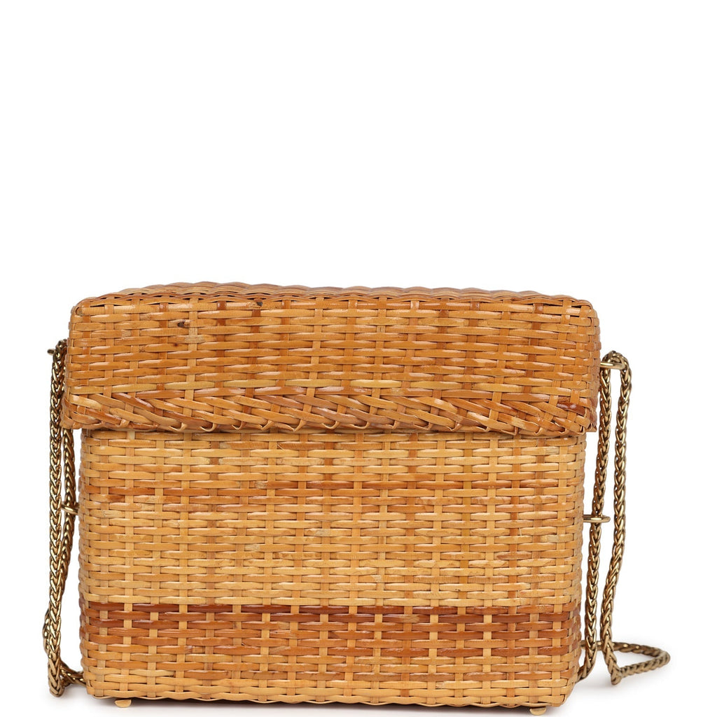 Chanel Vintage Small Picnic Basket Bag Natural Wicker Gold Hardware