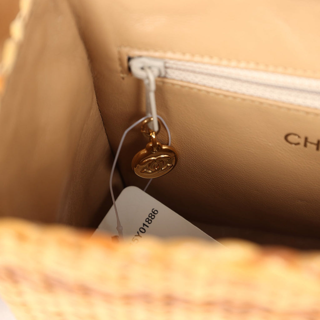 Chanel Vintage Small Picnic Basket Bag Natural Wicker Gold Hardware