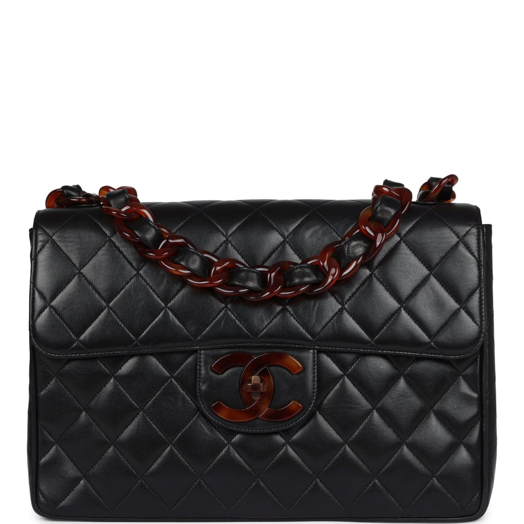Chanel Vintage Jumbo Single Flap Bag Black Lambskin Tortoiseshell Hardware