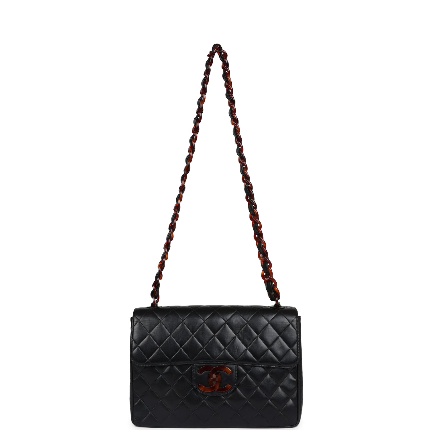 Chanel Vintage Jumbo Single Flap Bag Black Lambskin Tortoiseshell Hardware