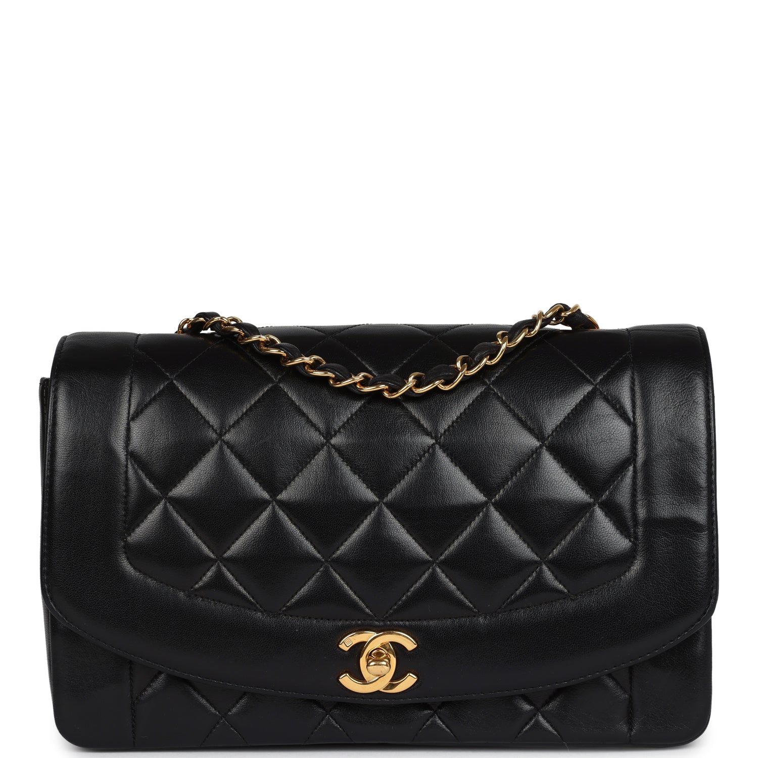 Chanel Vintage Medium Diana Flap Bag Black Lambskin Gold Hardware