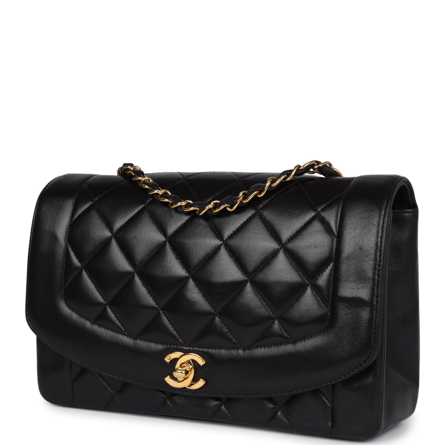 Chanel Vintage Medium Diana Flap Bag Black Lambskin Gold Hardware