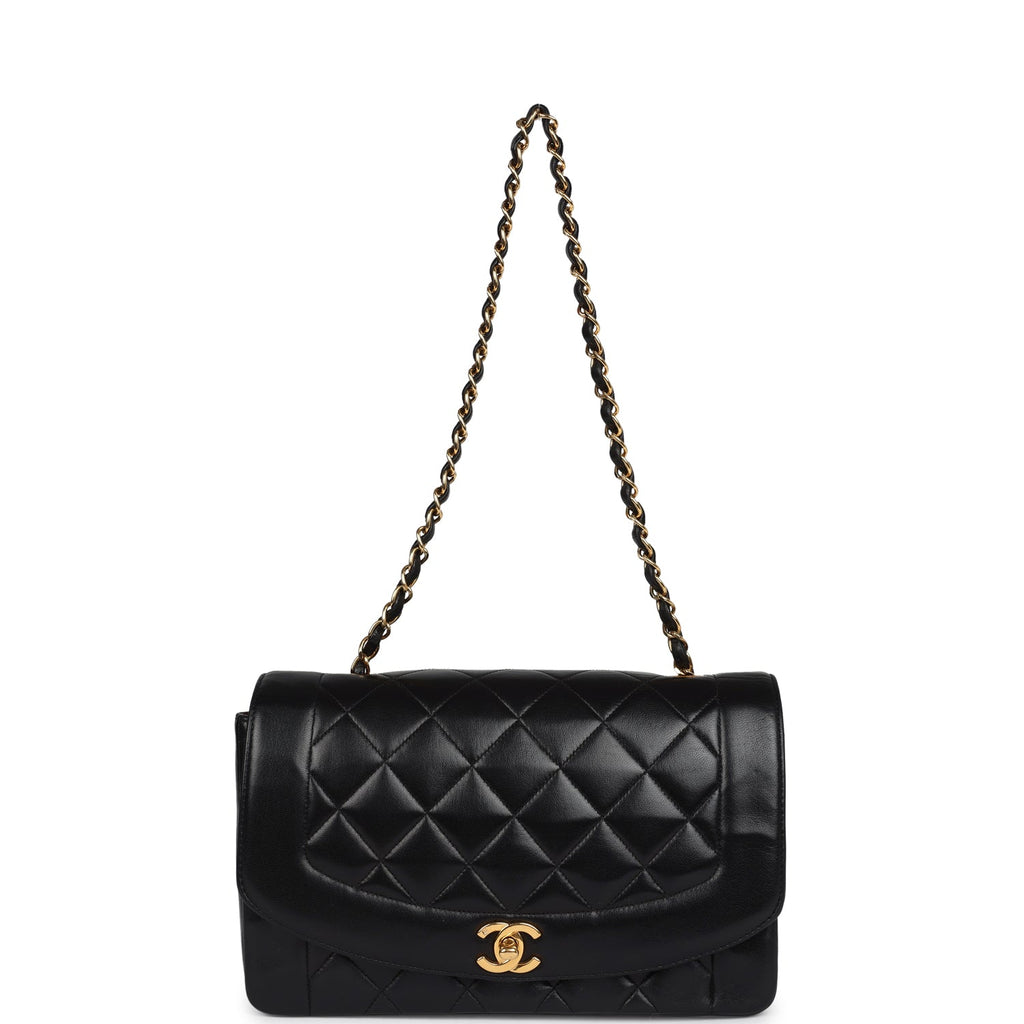 Chanel Vintage Medium Diana Flap Bag Black Lambskin Gold Hardware