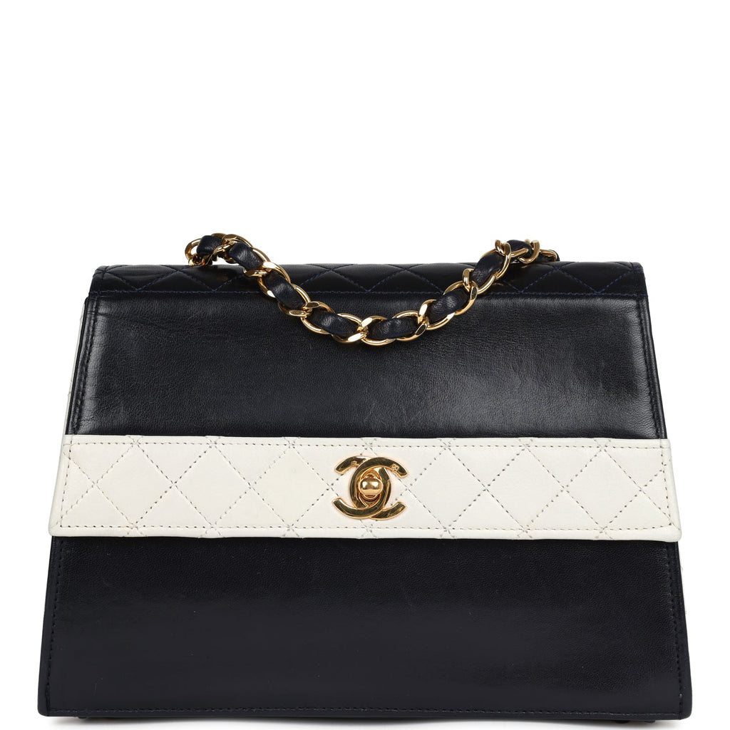 Chanel Vintage Trapezoid Flap Bag Navy and White Lambskin Gold Hardware