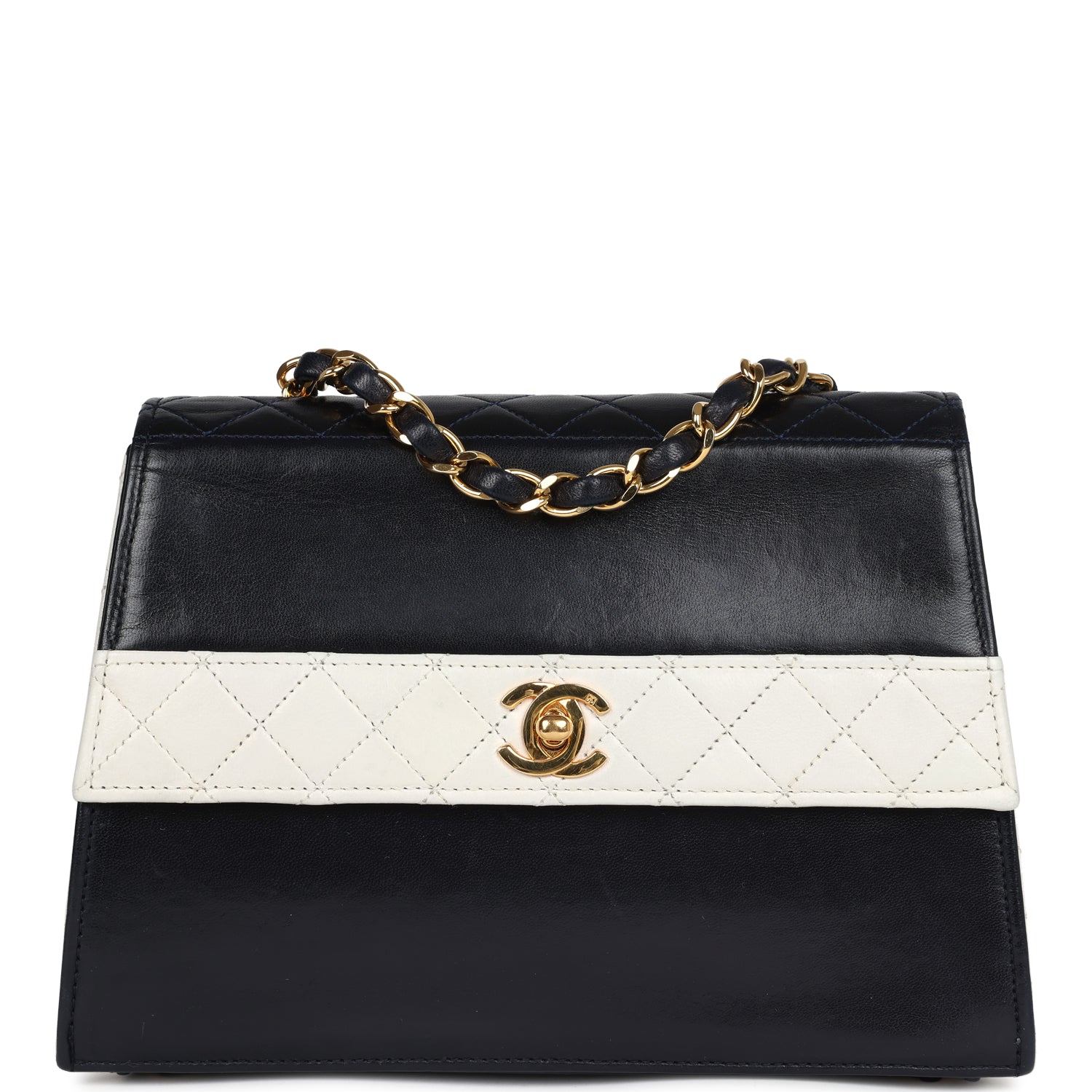 Chanel Vintage Trapezoid Flap Bag Navy and White Lambskin Gold Hardware