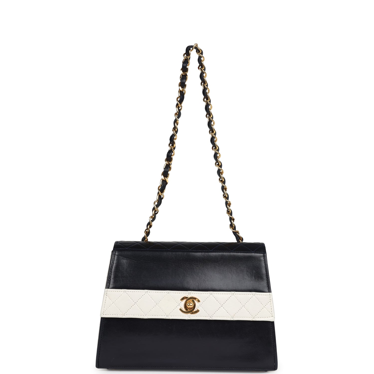 Chanel Vintage Trapezoid Flap Bag Navy and White Lambskin Gold Hardware