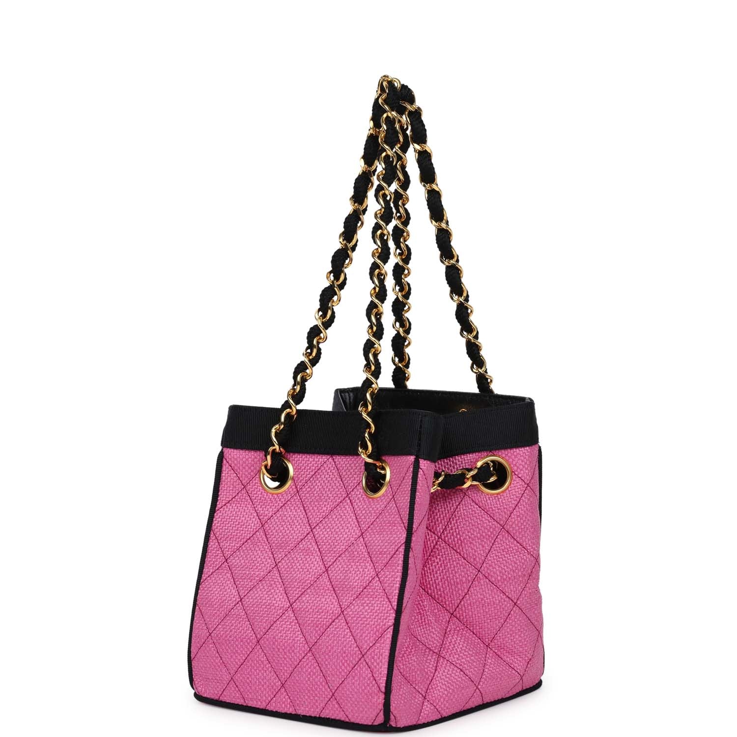 Chanel Vintage Set of Two Mini Bucket Bag & Oval Handbag Pink and Black Raffia Gold Hardware