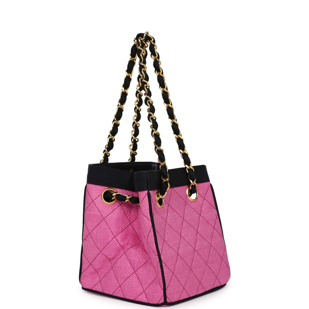 Chanel Vintage Set of Two Mini Bucket Bag & Oval Handbag Pink and Black Raffia Gold Hardware