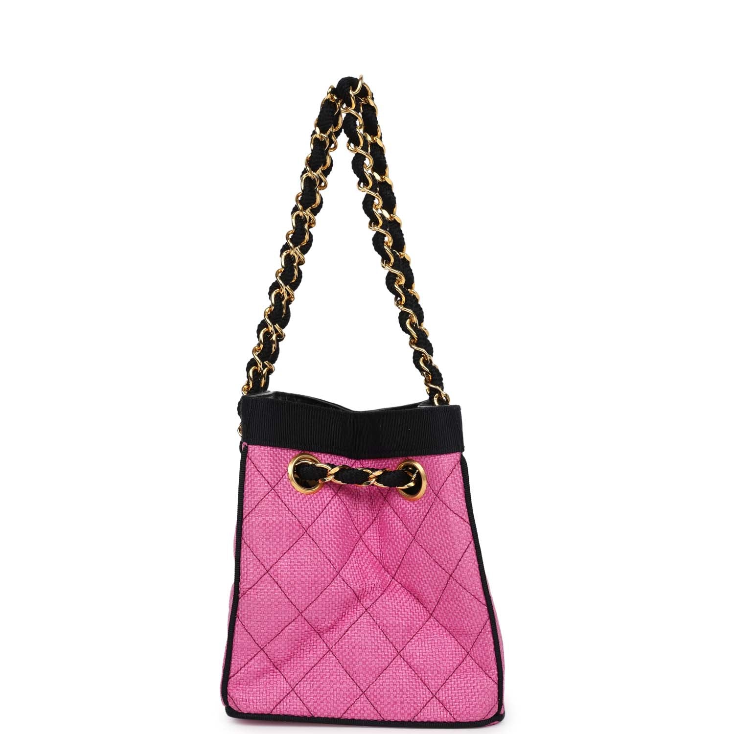 Chanel Vintage Set of Two Mini Bucket Bag & Oval Handbag Pink and Black Raffia Gold Hardware