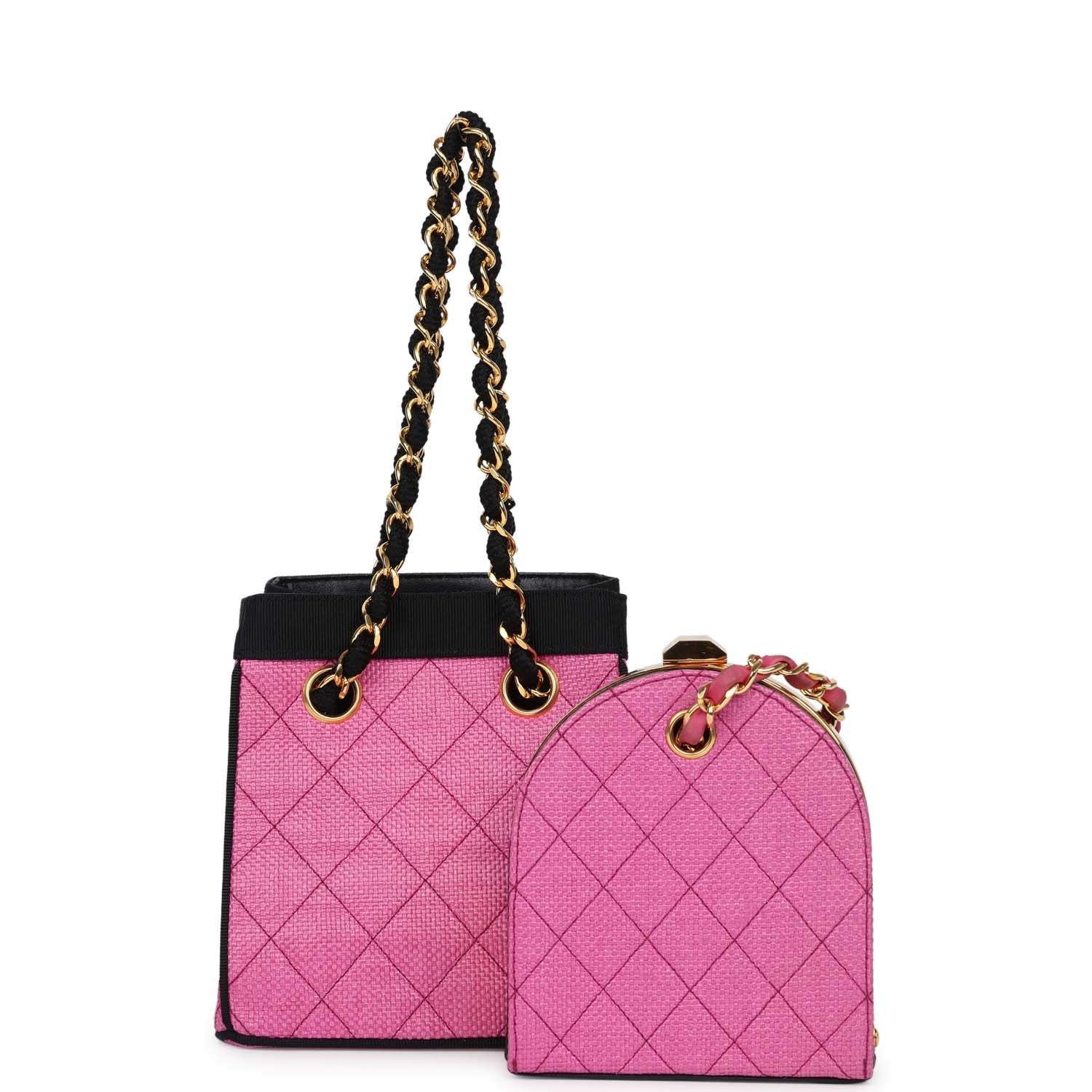 Chanel Vintage Set of Two Mini Bucket Bag & Oval Handbag Pink and Black Raffia Gold Hardware