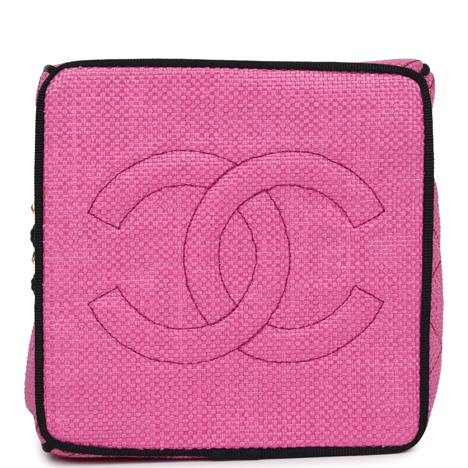 Chanel Vintage Set of Two Mini Bucket Bag & Oval Handbag Pink and Black Raffia Gold Hardware