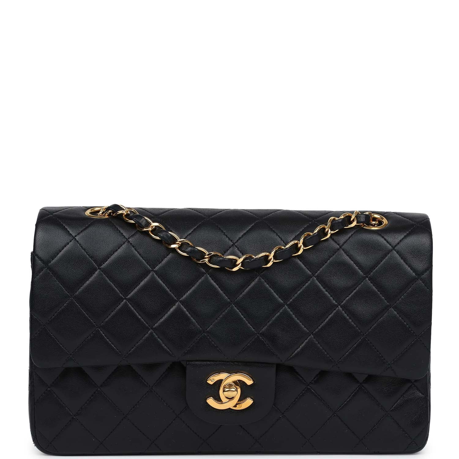 Chanel Vintage Medium Classic Double Flap Bag Black Lambskin Gold Hardware
