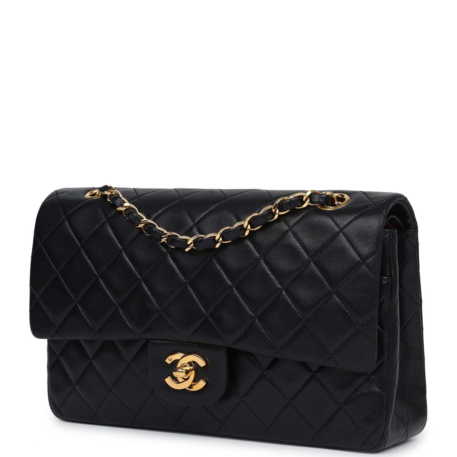 Chanel Vintage Medium Classic Double Flap Bag Black Lambskin Gold Hardware