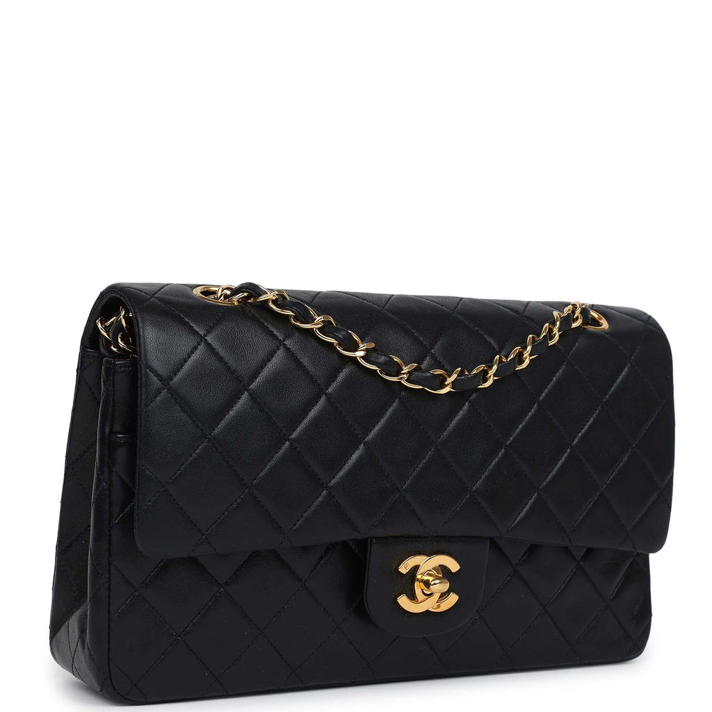Chanel Vintage Medium Classic Double Flap Bag Black Lambskin Gold Hardware