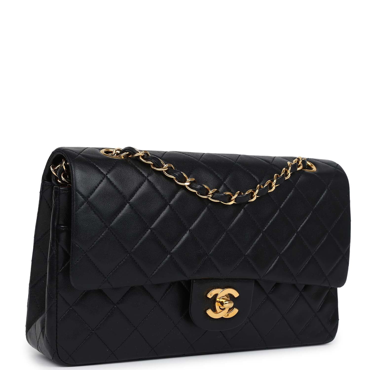 Chanel Vintage Medium Classic Double Flap Bag Black Lambskin Gold Hardware