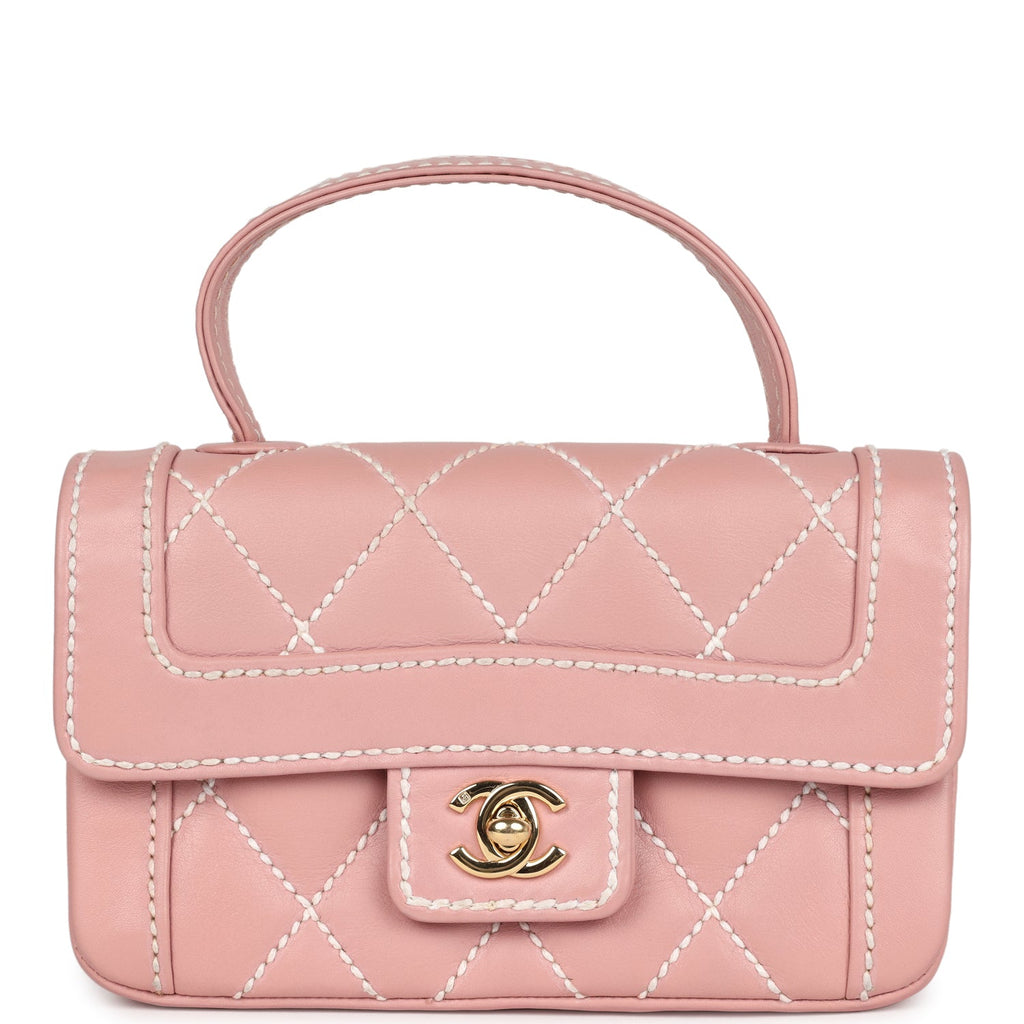 Chanel Vintage Mini Wild Stitch Surpique Top Handle Flap Bag Pink Calfskin Gold Hardware