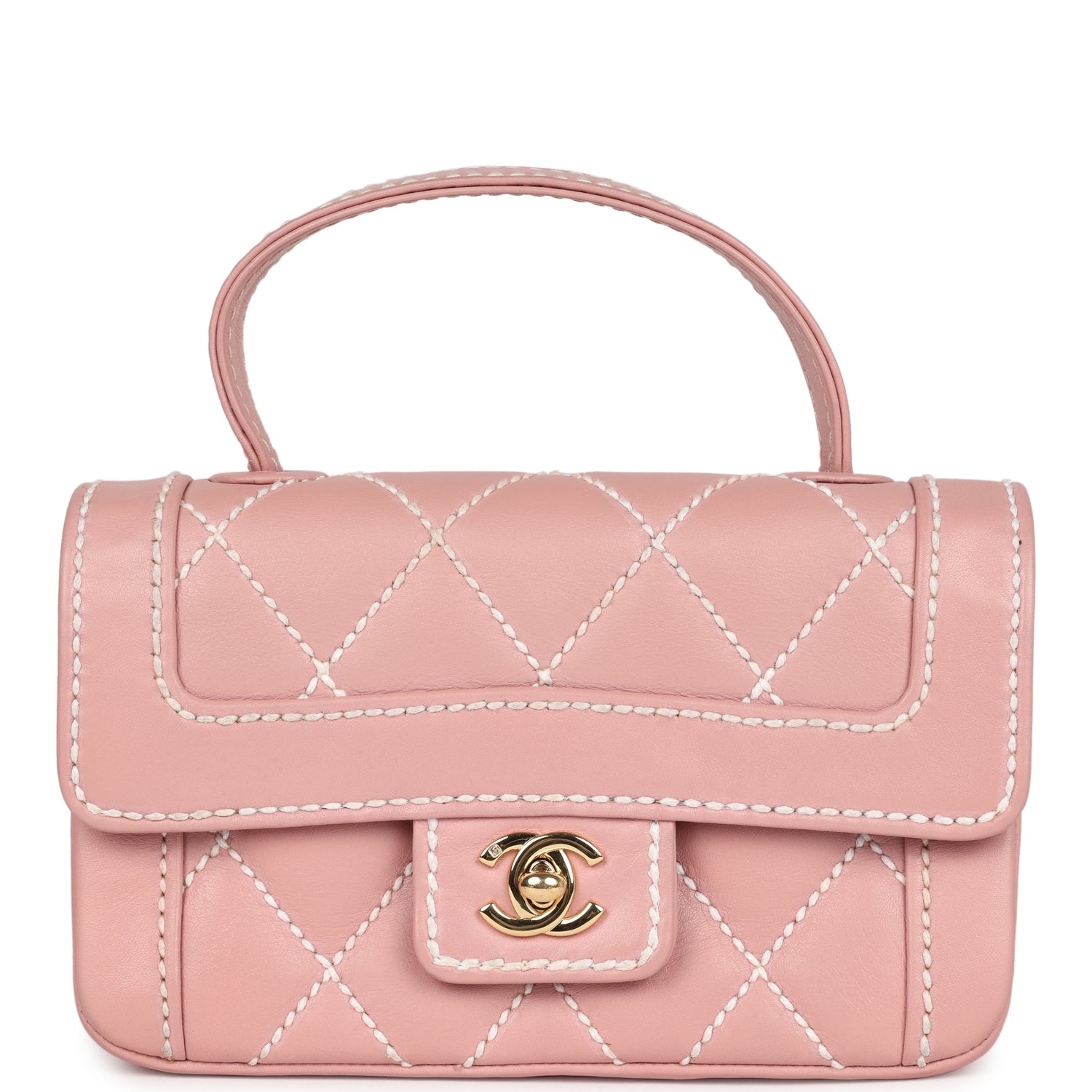Chanel Vintage Mini Wild Stitch Surpique Top Handle Flap Bag Pink Calfskin Gold Hardware