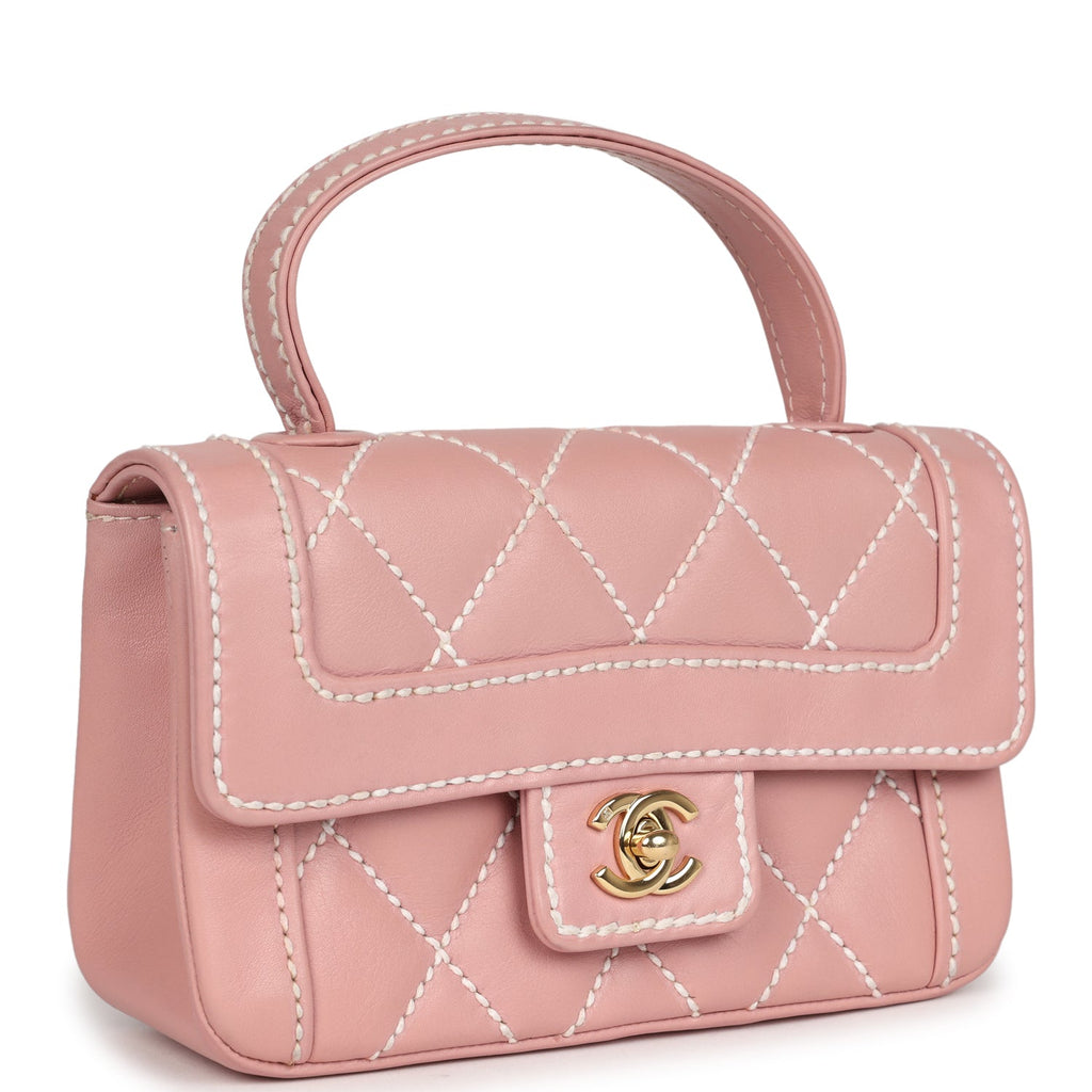 Chanel Vintage Mini Wild Stitch Surpique Top Handle Flap Bag Pink Calfskin Gold Hardware