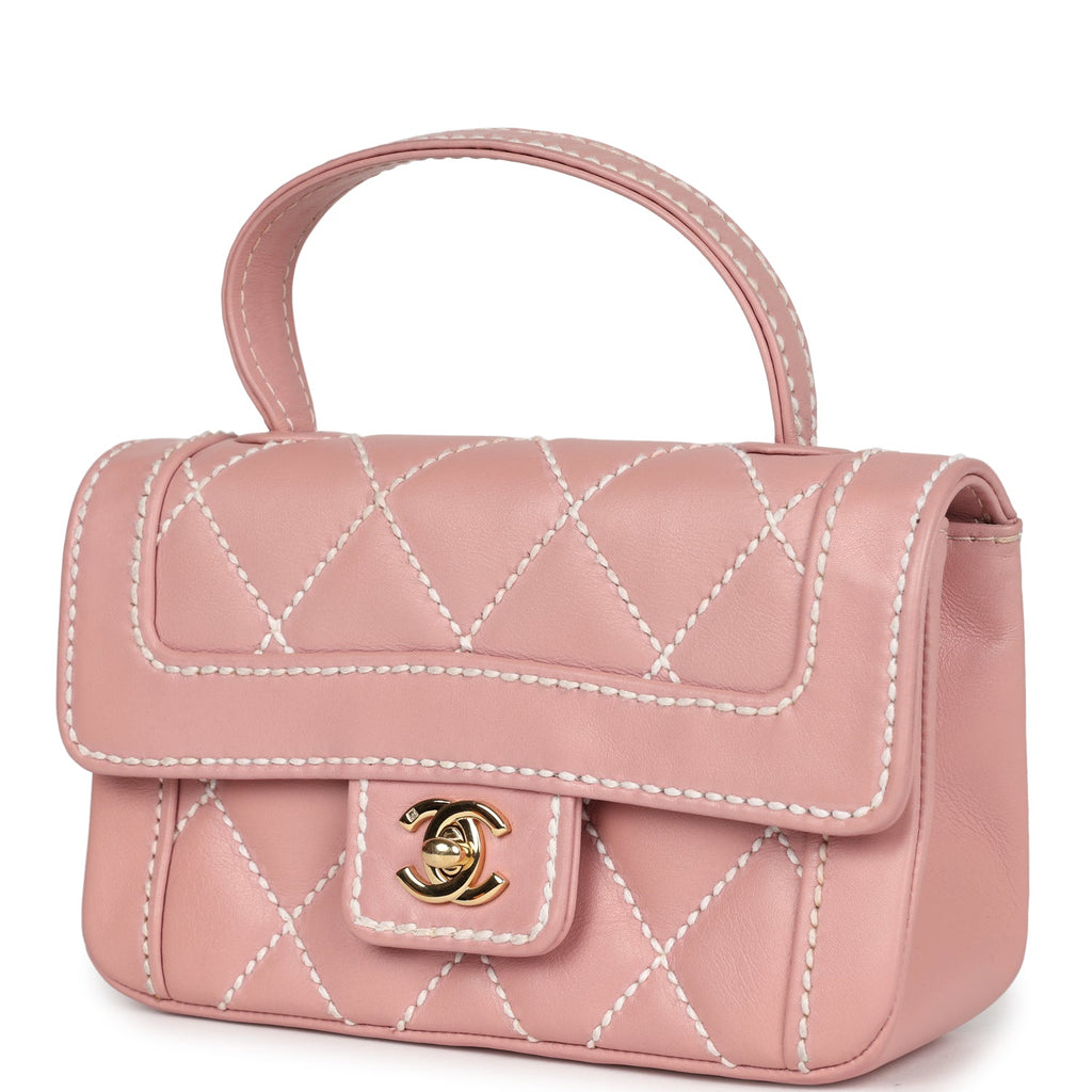 Chanel Vintage Mini Wild Stitch Surpique Top Handle Flap Bag Pink Calfskin Gold Hardware