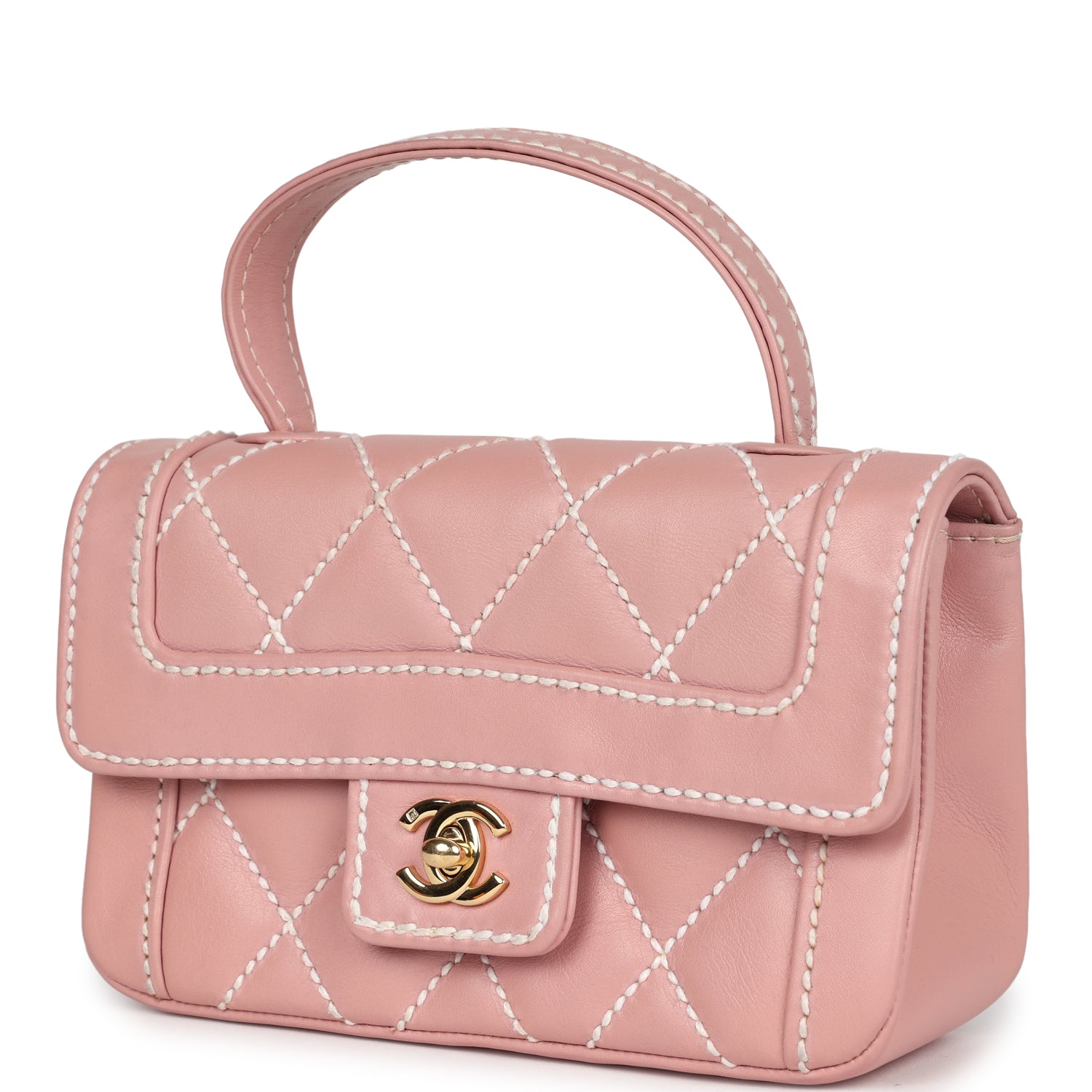 Chanel Vintage Mini Wild Stitch Surpique Top Handle Flap Bag Pink Calfskin Gold Hardware